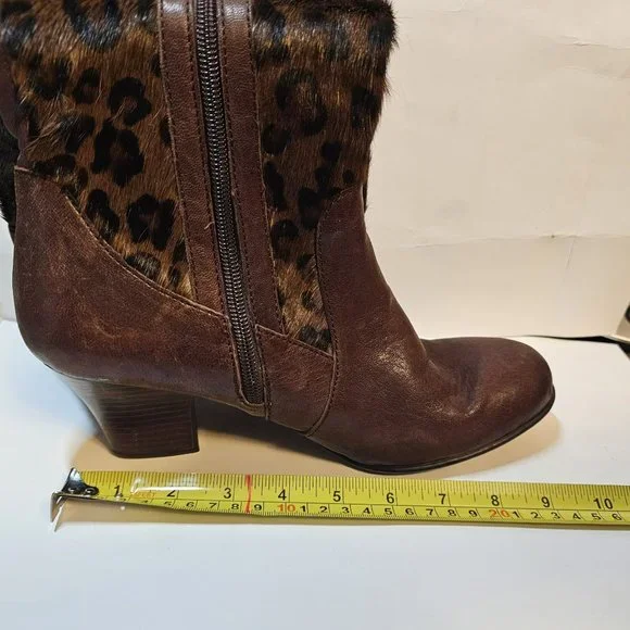 Born Brown Boots Knee High Zip Leopard Print Pony Hair Women Size 9 1/2 - Picture 12 of 16